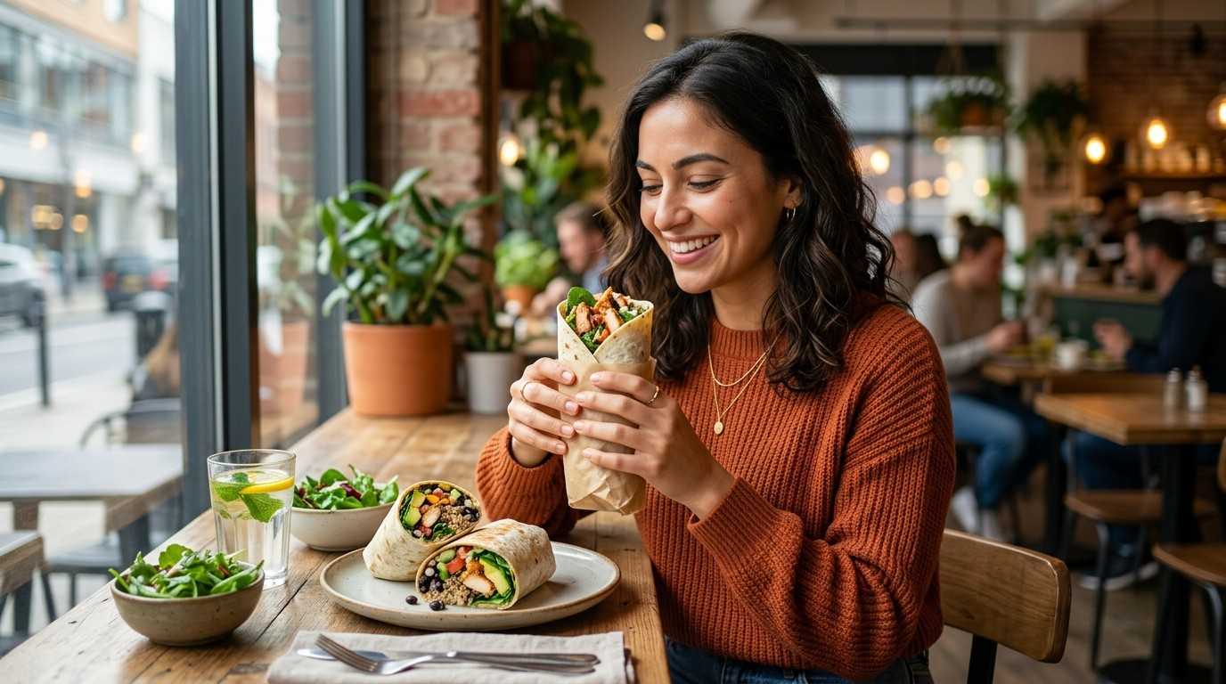 A woman enjoys a healthy and fresh burrito meal at a cozy modern café.